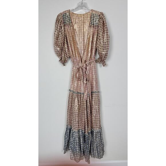 LoveShackFancy Maxi Dress Women’s Medium Wrap Tiered Metallic Gingham - Picture 1 of 16